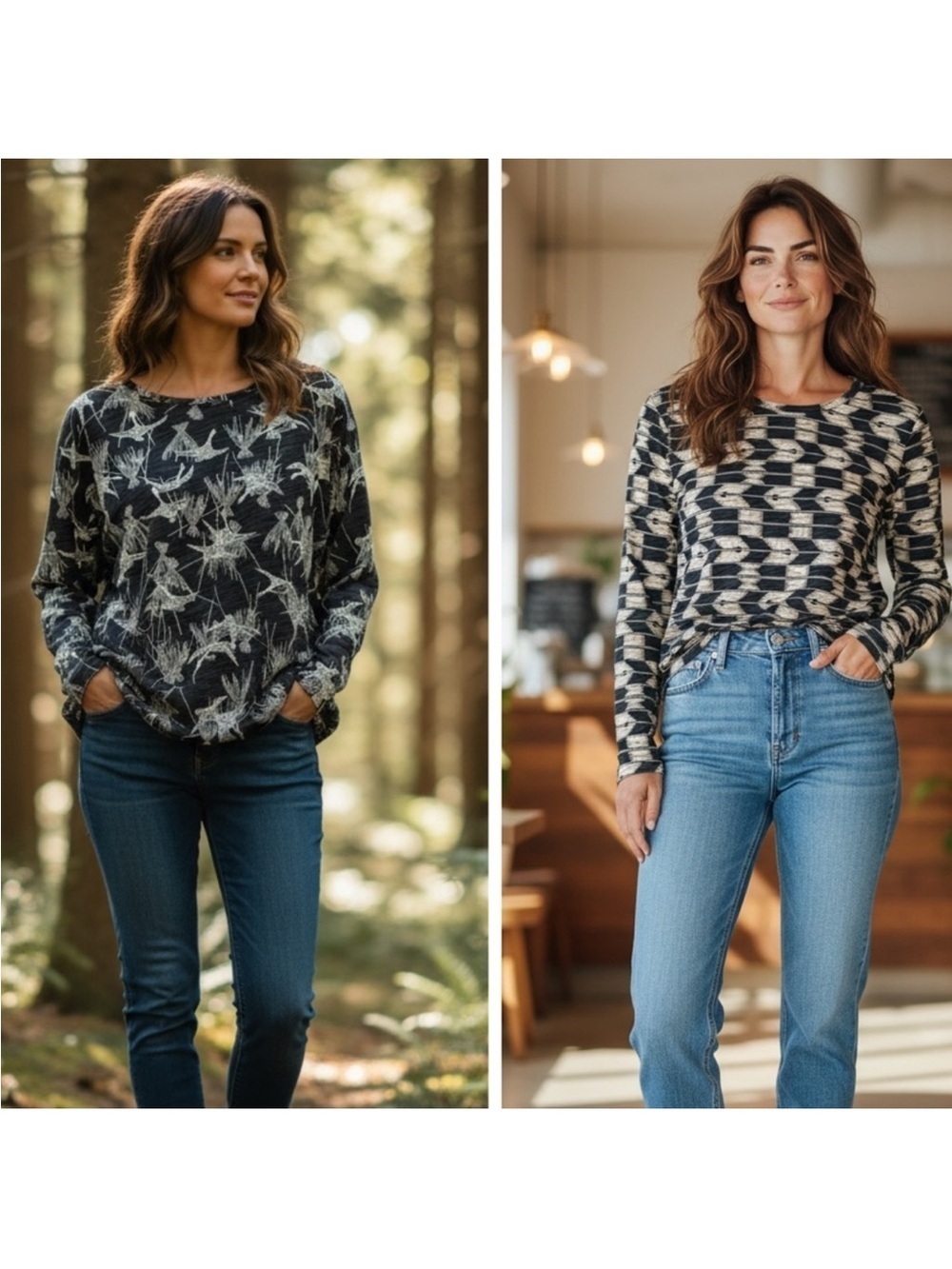 2 L.L. Bean Signature Navy Print Long Sleeve Tops Relaxed Fit